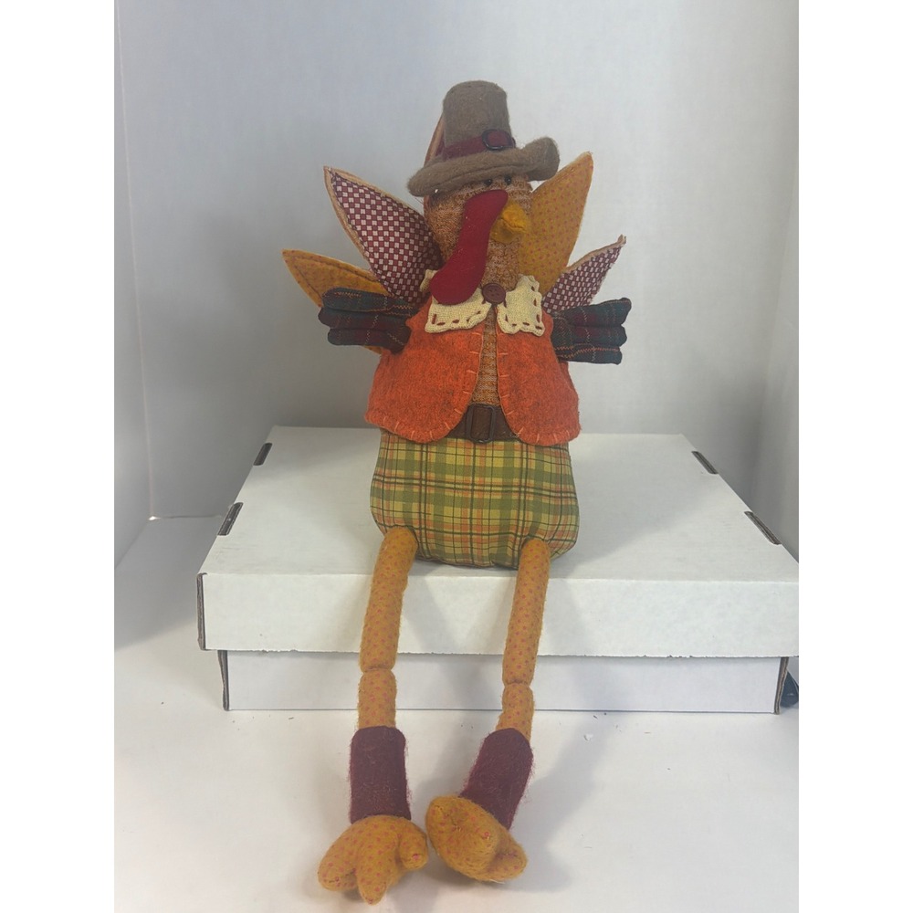 Primitive Thanksgiving Turkey Shelf Sitter Plush Fall Decor Plaid Orange Vest